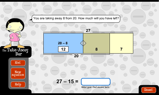 This image shows 27 minus 14, with 14 being broken into 7 and 7 to make the answer easier to work out.