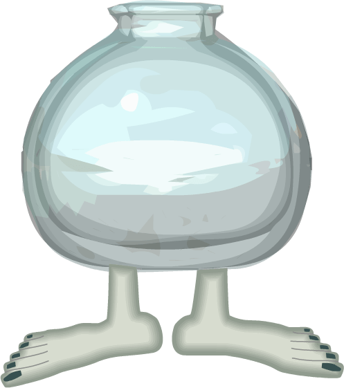 Illustration: Medium, round, transparent container with human feet with black toenails, labelled 'b'.