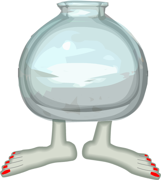 Illustration: Large, round, transparent container with human feet with red toenails, labelled 'a'.