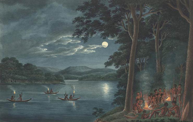 Indigenous Australians fishing by torchlight, c1817