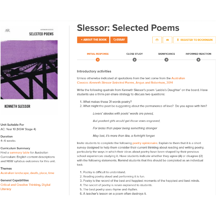 Slessor: Selected Poems: Unit of work