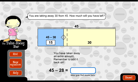 This image shows 45 minus 28, with 30 being taken away and then the extra 2 being added back on.