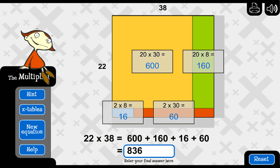 This image shows 22 times 38 being broken up into 4 calculations.