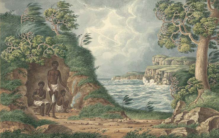 Indigenous Australian family sheltering in a cave, c1817