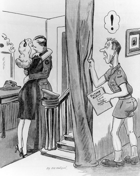 Cartoon of an Australian wife kissing a US soldier, 1943