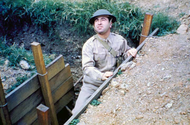 US soldier and air-raid shelter, Brisbane, 1942