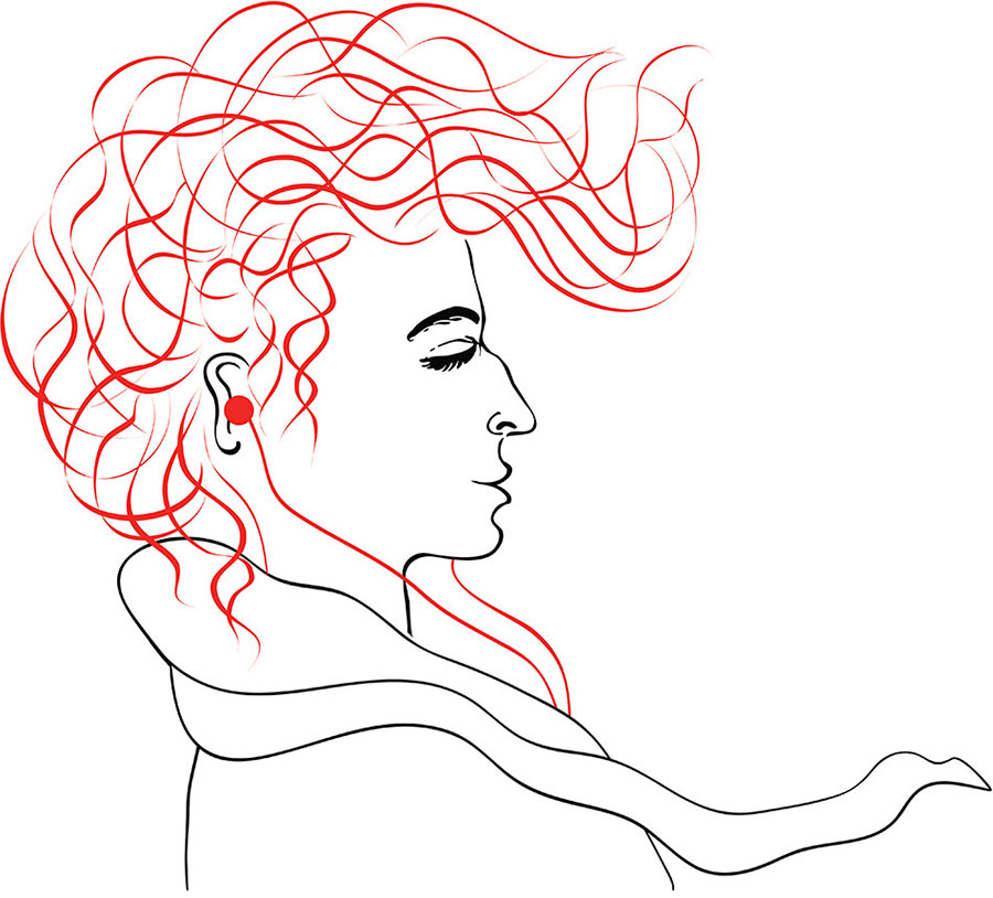 Line drawing in profile of person with eyes closed and earphones in ears