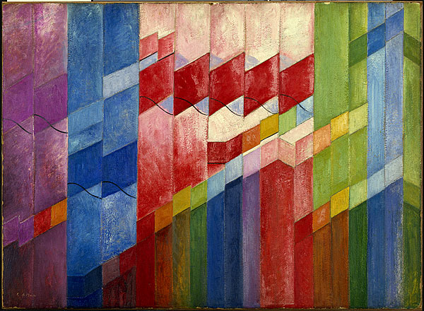 Abstract oil painting with 14 vertical columns in different colours, each divided into other colours