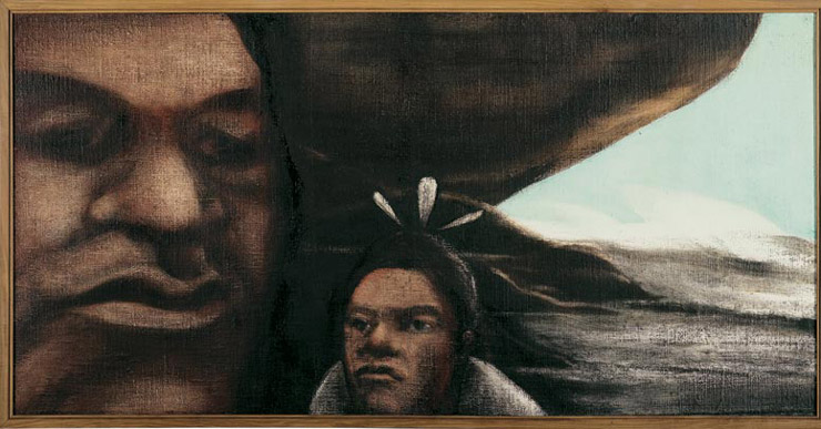 Two Polynesian faces in the foreground and middle ground, and a coastal landscape in the background