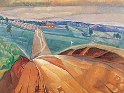 Abstract painting showing road running through an undulating landscape