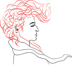 Line drawing in profile of person with eyes closed and earphones in ears