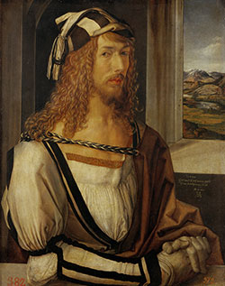 Portrait of man with long flowing hair with a landscape visible through a window behind him